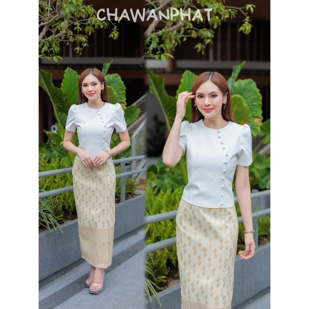 [S-3XL] N673 เสื้อไหมญี่ปุ่นแขนกลีบบัว กระดุมปั๊ม N543  + กระโปรงผ้าฝ้ายทอลาย