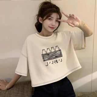 เสื้อครอปผู้หญิงน่ารัก oversize เสื้อผ้าสาวอวบแฟชั่นฤดูร้อนใหม่ เสื้อยืดวินเทจผู้หญิงกําลังฮิตใหม่ล่าสุด ผ้าใส่สบายคุ