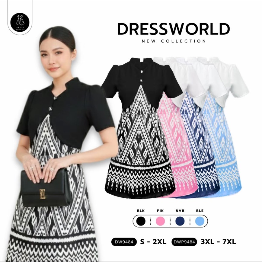 {S-7XL} 9484 งานป้าย Dress World เดรสสั้นทรงบาน คอจีน ช่วงล่างลายไทย เดรสทำงาน