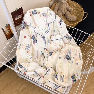 สติทช์ รูปแบบการ์ตูน ชุดนอน Two-Piece แขนยาว กางเกงขายาว เมฆ…