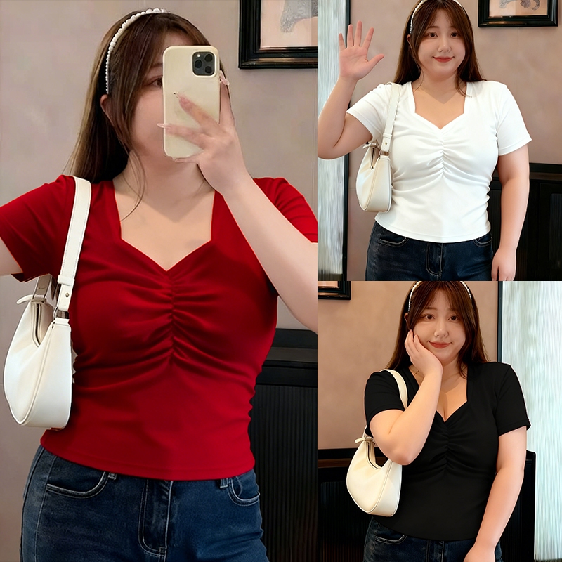 เสื้อยืดแฟชั่นแขนสั้นสำหรับผู้หญิง คอเหลี่ยม ไซซ์ M-3XL ทรงเข้ารูป ผ้าระบายอากาศได้ดีและนุ่ม จัดส่งรวดเร็ว