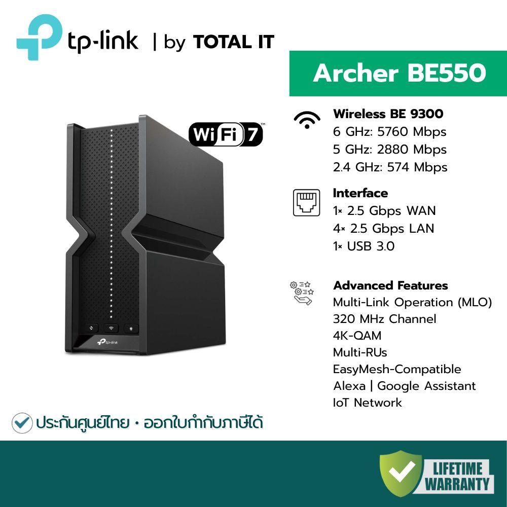 TP-Link Archer BE550 Router WiFi 7 Tri-Band BE9300 | พอร์ต 2.5G ครบ 5 ช่อง | คลื่น 6GHz | MLO ลดปิง