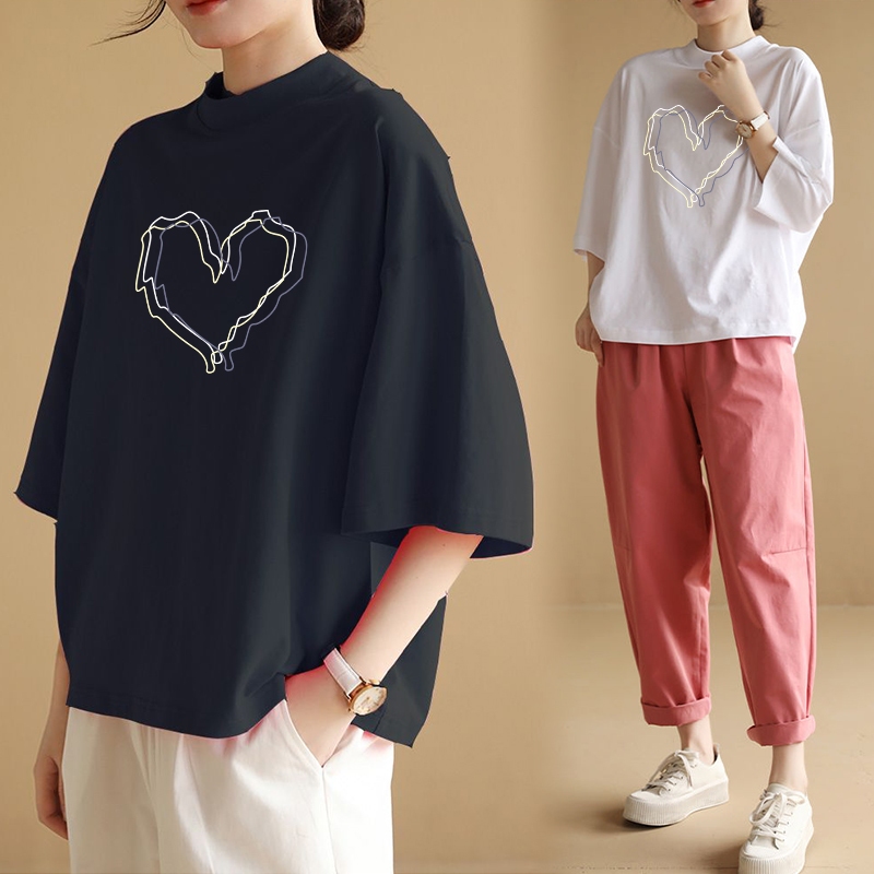 เสื้อลายหัวใจแฟชั่นสไตล์เกาหลีมาใหม่ oversize เสื้อผ้าสาวอวบไซส์ใหญ่ เสื้อยืดสวยๆผู้หญิงแบบหลวมที่กําลังฮิต ผ้าคอตตอนผสม