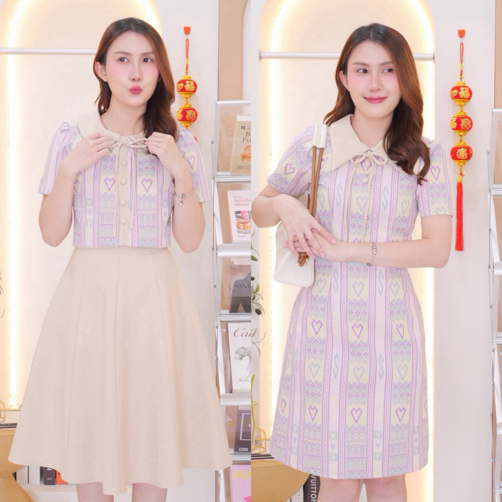 [Mabel brand] เดรสผ้าลายไทย ชมเหลืองอ่อน งานอัดกาว