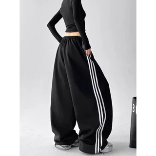 [Embroidery, striped casual pants]สไตล์อเมริกันวินเทจผู้หญิงเย็บปักถักร้อยเทรนด์สบาย ๆ ลายกางเกงขากว้าง