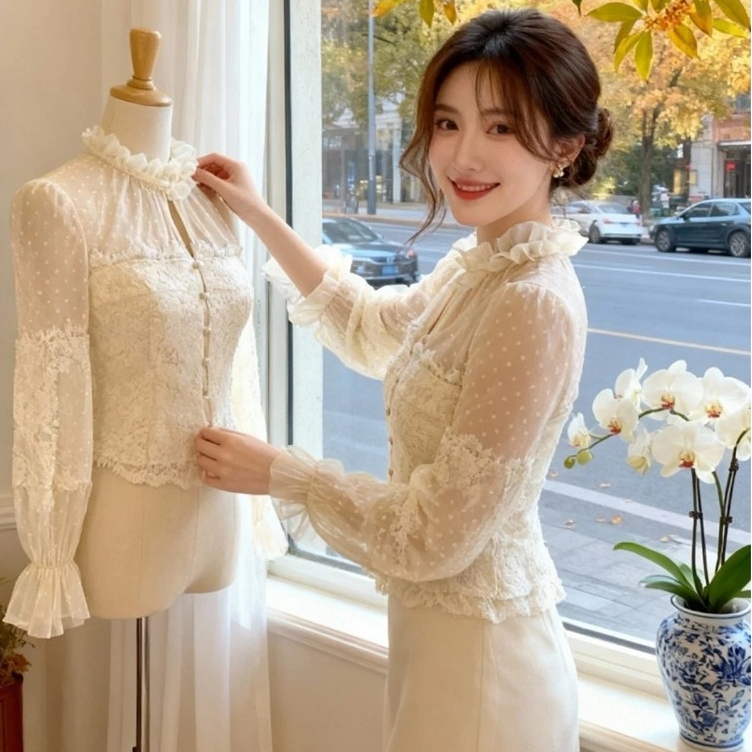💫พร้อมส่ง💫เสื้อคอสูงลูกไม้ชีทรูเกรดพรีเมี่ยม สวยหวานละมุนใส่ออกงานเเมทได้หลายลุค