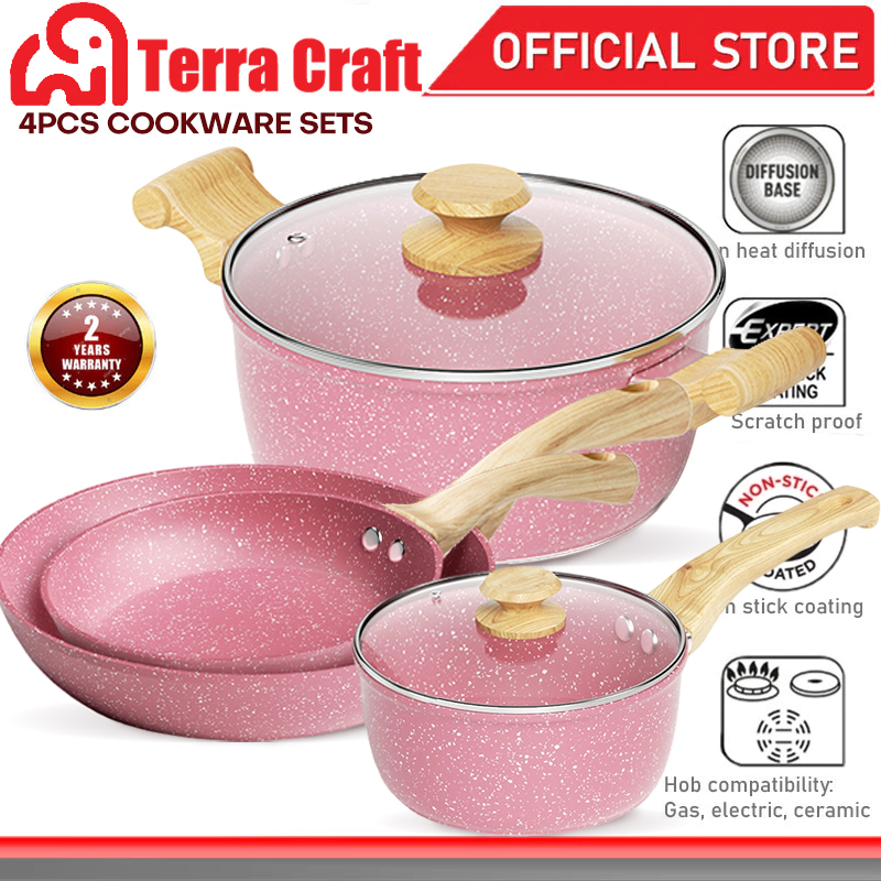 non-stick หินไมฟานชุด 4 ชิ้น สีชมพู หม้อกระทะครบชุดในครัวเรือน กระทะ หม้อนม หม้อซุป เหมาะสำหรับทุกเตา