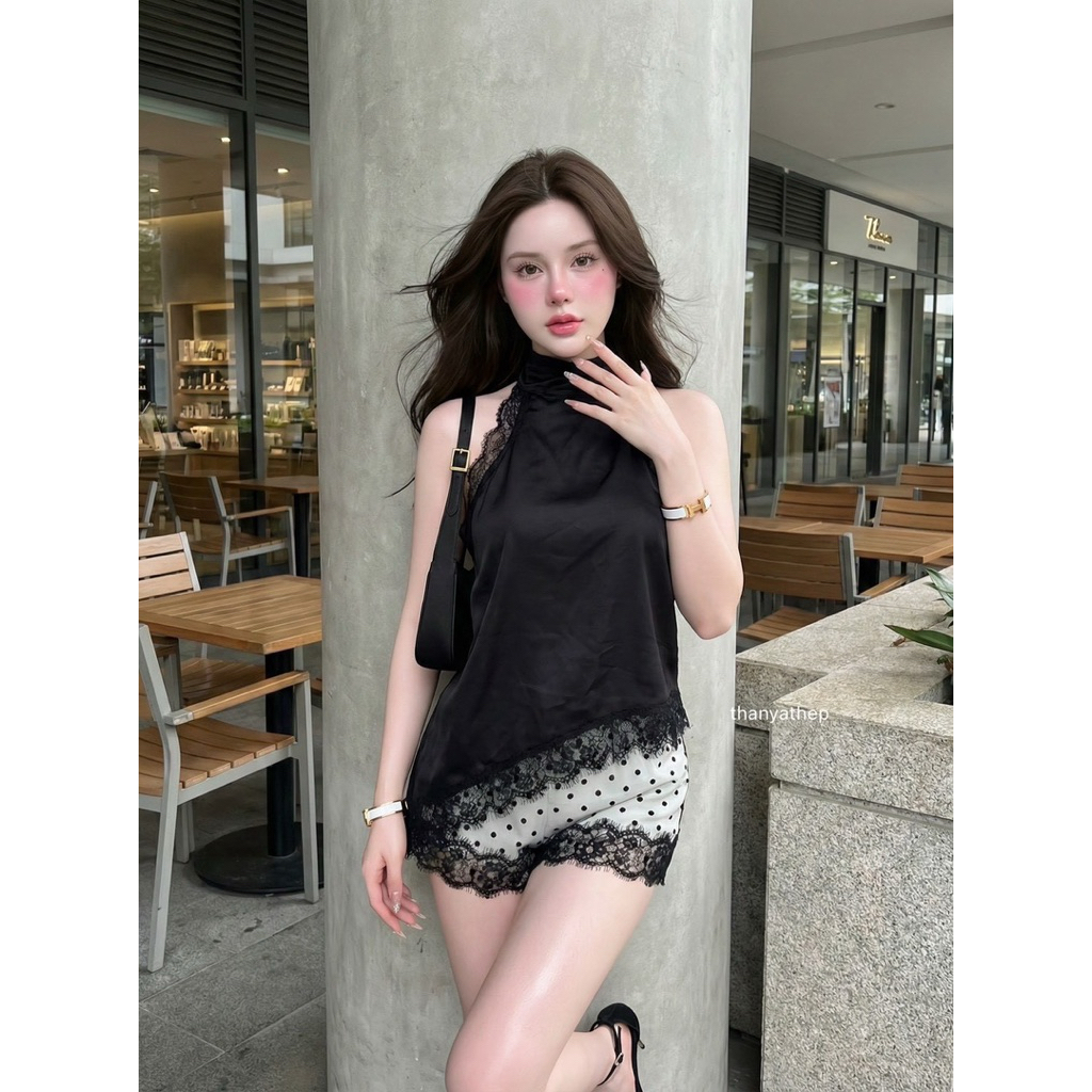 Phapassz - เซท2ชิ้น เสื้อคอปีนซาตินตัวยาวแต่งลูกไม้ ผ้าหนาสวยแพงหรูหราไฮโซสุด คู่กระโปรงสั้นแซ่บ #Thanyathep