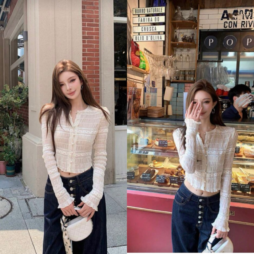 𝐌𝐀𝐘𝐔 ✨พร้อมส่ง🥂เสื้อแขนยาวผ้าชีฟองแต่งกระดุมมุขตีเกร็ด