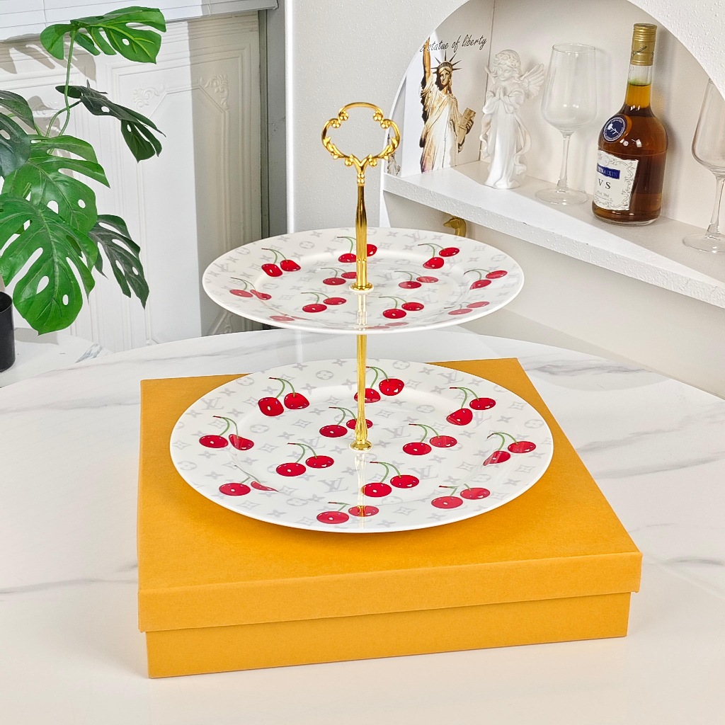 L & V Cherry Bone Porcelain Dinnerware, ถาดขนมเค้กพรีเมี่ยม 2 ชั้น