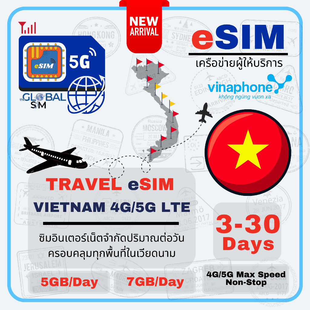 【The Global SIM】eSIM Vietnam ซิมเวียดนาม Vinaphone  3-30 Days 4G/5G Max speed Data Limit/Day