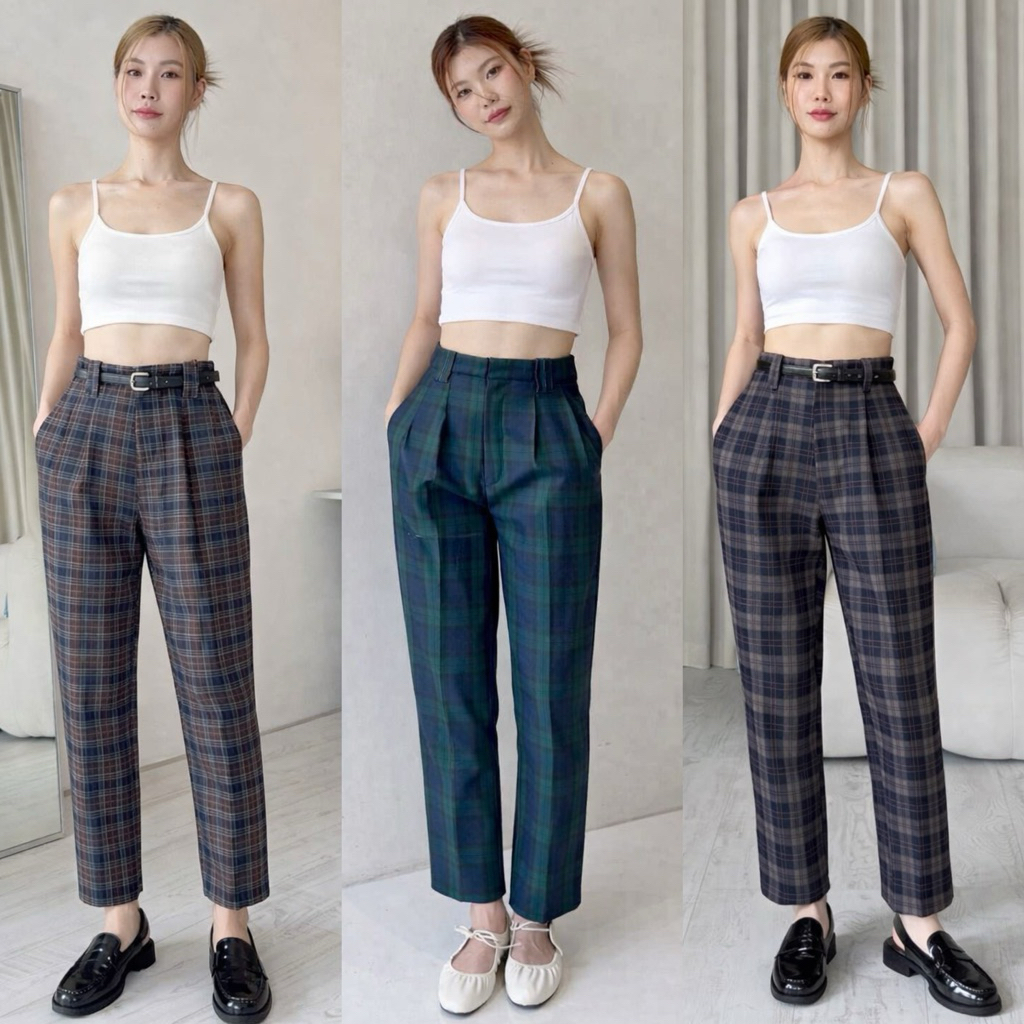 กางเกงเอวสูงบอยลายสก๊อตผ้าญี่ปุ่นขา9ส่วน 39“S-XL
