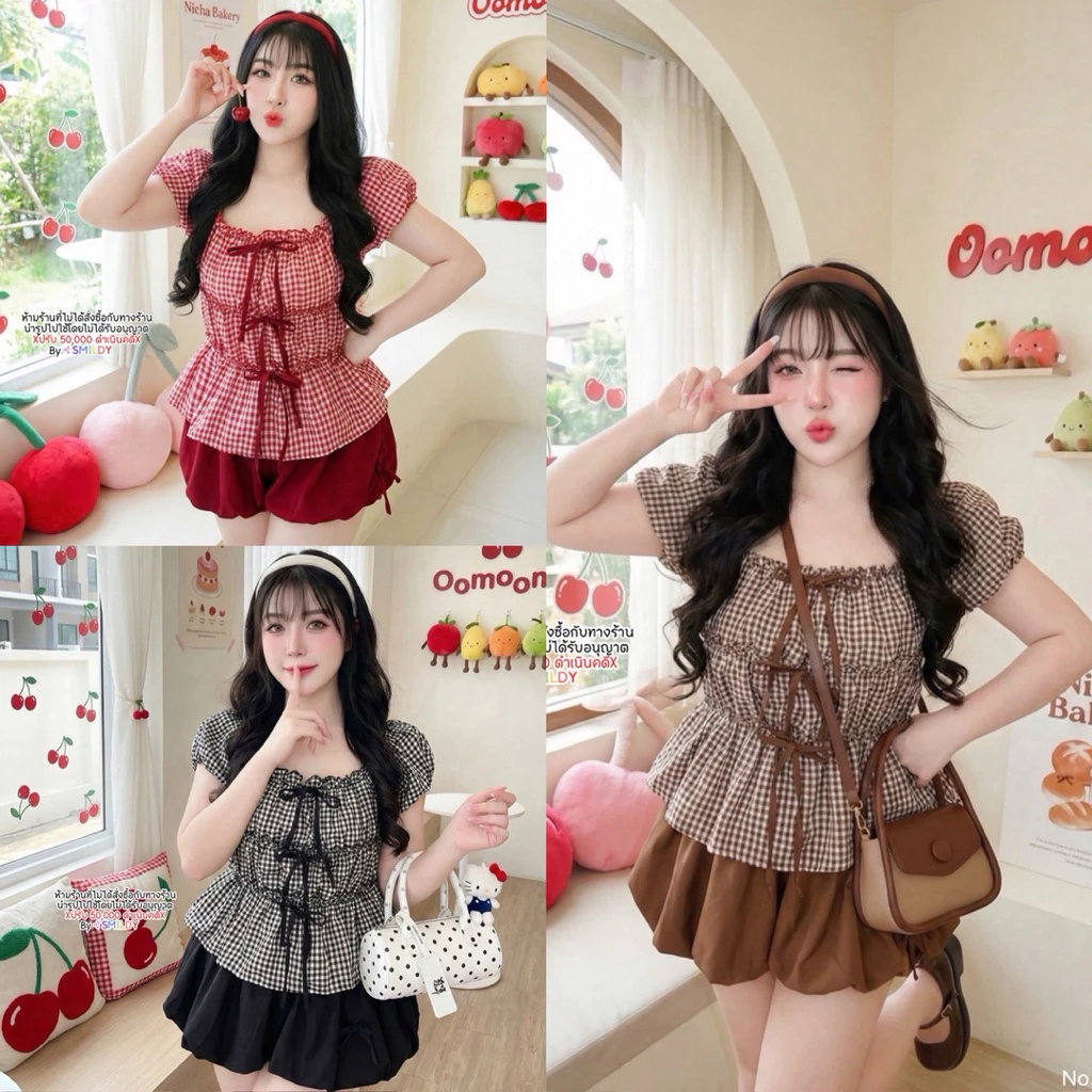 พลัสไซส์ สาวอวบ ชุดเซ็ทสาวอวบ เซ็ตโบว์สก็อตกางเกงบอลลูน อก 38-56 นิ้ว เอว28-50 นิ้ว สพ 40-58 นิ้ว ชุดไซส์ใหญ่ สายคาเฟ่