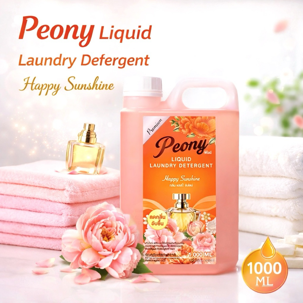 **สุดคุ้ม นํ้ายาซักผ้า Peony สูตรเข้มข้น กลิ่น Happy sunshine ขนาด 1000 ml. กลิ่นหอม ติดทน ซักมือ และซักเครื่องได้