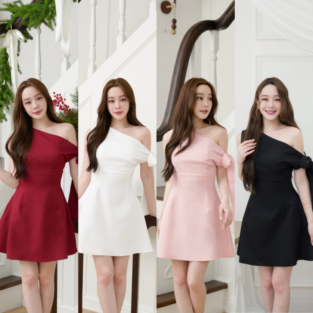 Pirunya - Mini Dress 41 เดรสสั้น มินิเดรส ไหล่เดียว ปาดไหล่ ผูกโบว์ ทรงสวย กระโปรงบาน