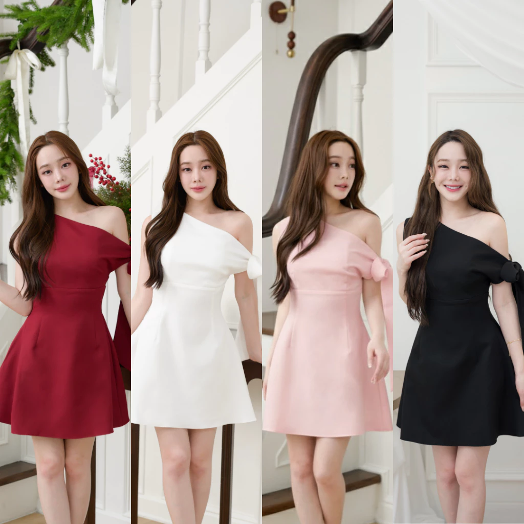 Pirunya - Mini Dress 41 เดรสสั้น มินิเดรส ไหล่เดียว ปาดไหล่ ผูกโบว์ ทรงสวย กระโปรงบาน