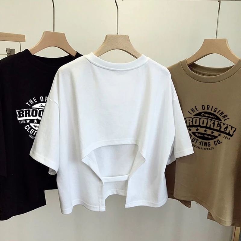 เสื้อครอปสาวอวบน่ารัก oversize เสื้อผ้าแฟชั่นไซส์ใหญ่ เสื้อยืดหญิงแขนสั้นแบบหลวมสไตล์เกาหลี สกรีนวินเทจ เซ็กซี่ เปิดหลัง thumbnail 8