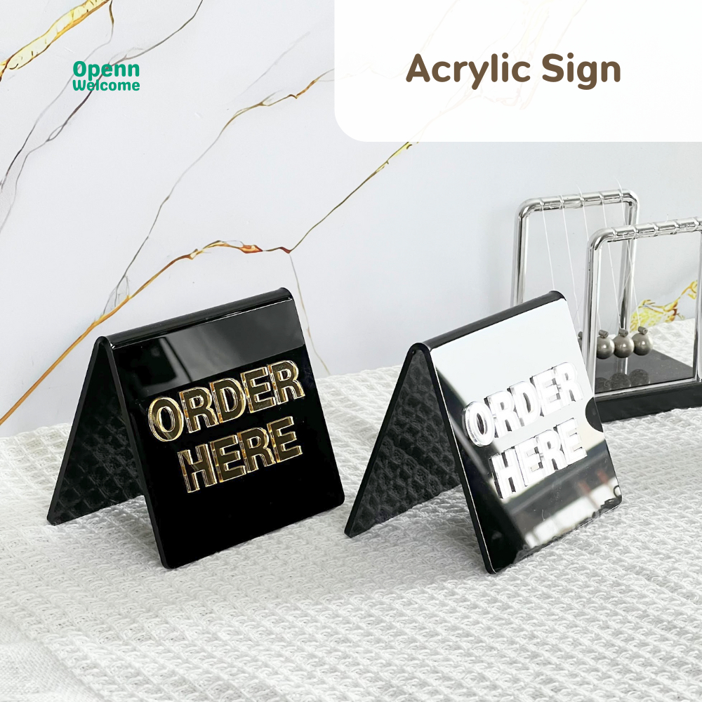 ป้ายอะคริลิค ORDER HERE สำหรับตั้งโต๊ะ ขนาด 10×9x7 cm. สวยหรูหรา เท่ก็ได้ เหมาะกับทุกกิจการ