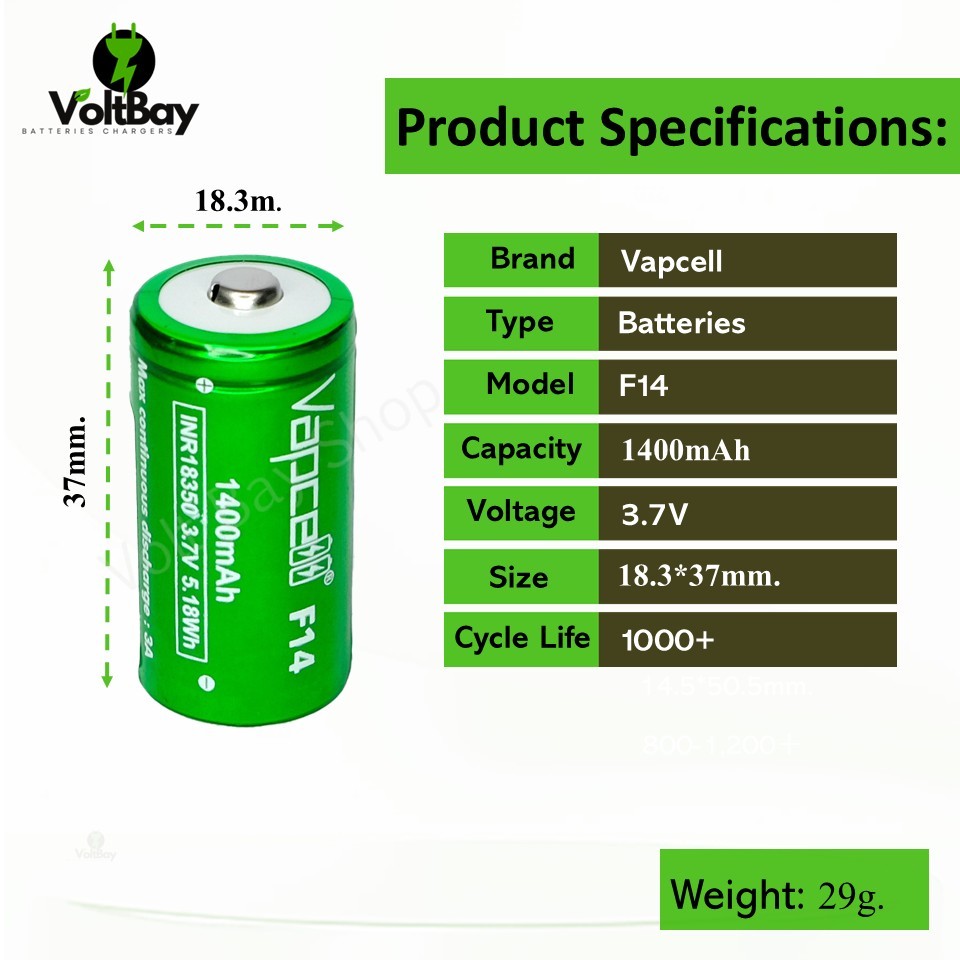 (หัวนูน) Vapcell  ถ่านชาร์จ 18350 3.7V  F14 1400mah 3A ราคา ถูกที่สุด ดีลบีเคเค แกลเลอรีภาพที่ 2