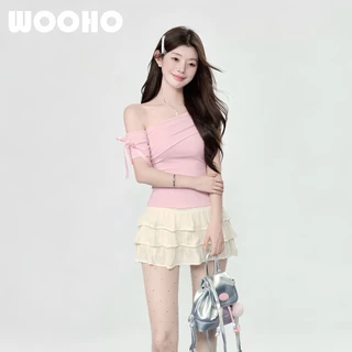 WOOHO.เสื้อครอปฟิตติ้งแขนสั้น ไหล่เอไม่สมมาตร เหมาะกับออกงาน ปีใหม่ วาเลนไทน์ ลุคเดทสุดปัง มัลติฟังก์ชั่นใส่ได้หลายโอกาส