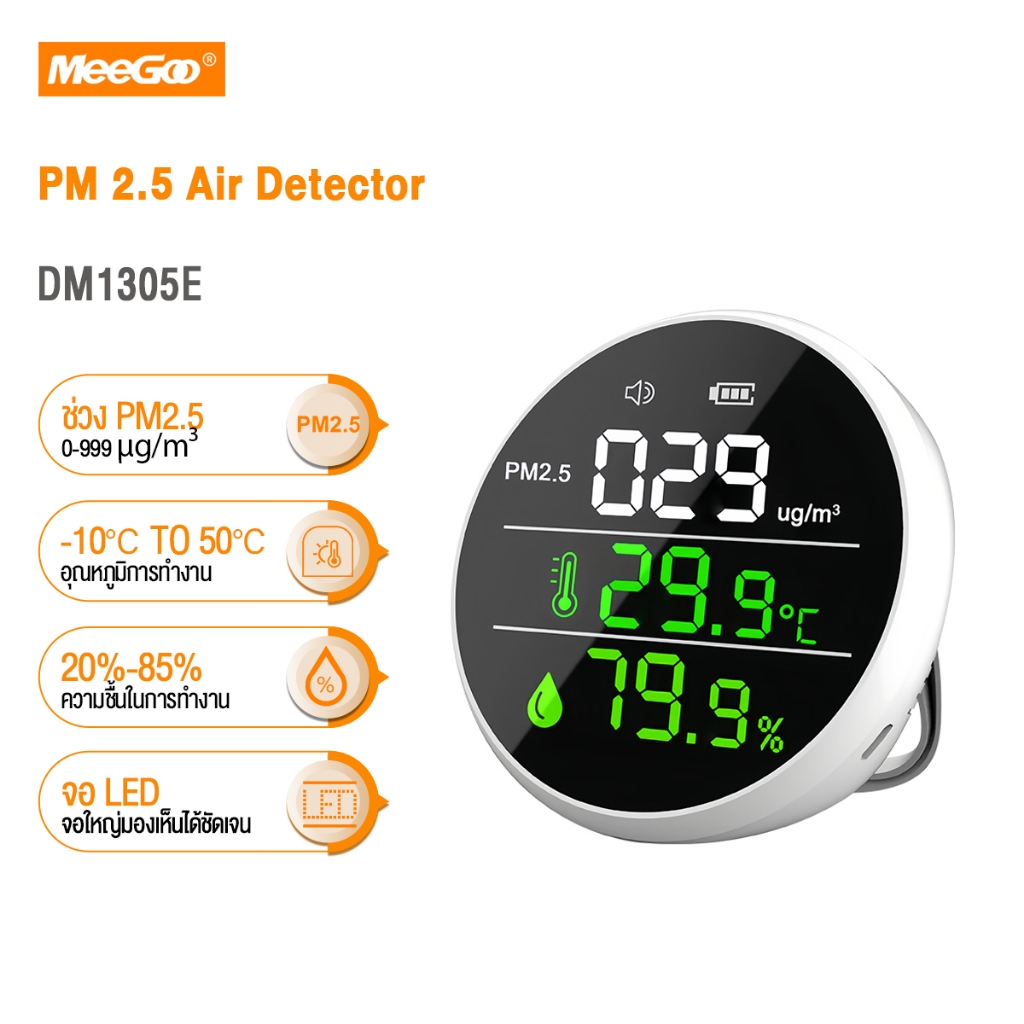 MeeGoo เครื่องวัดค่าฝุ่น PM 2.5 Air Detector วัดค่า PM2.5 พร้อมอุณหภูมิและความชื้น ความแม่นยําสูง จอแสดงผล LED
