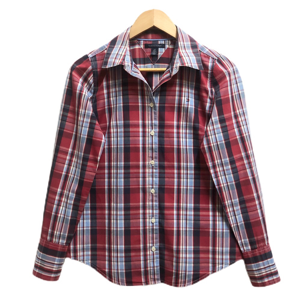 Tommy Hilfiger เสื้อเชิ้ตหญิง แขนยาว สีโทนแดง ป้าย S มือสอง