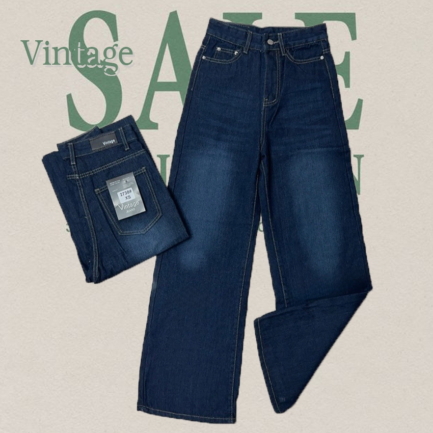 Vintage รุ่น 2738 กางเกงยีนส์ ทรงกระบอก สีน้ำเงินเข้ม แต่งเฟดขา ทรงสวยผ้าไม่ยืด