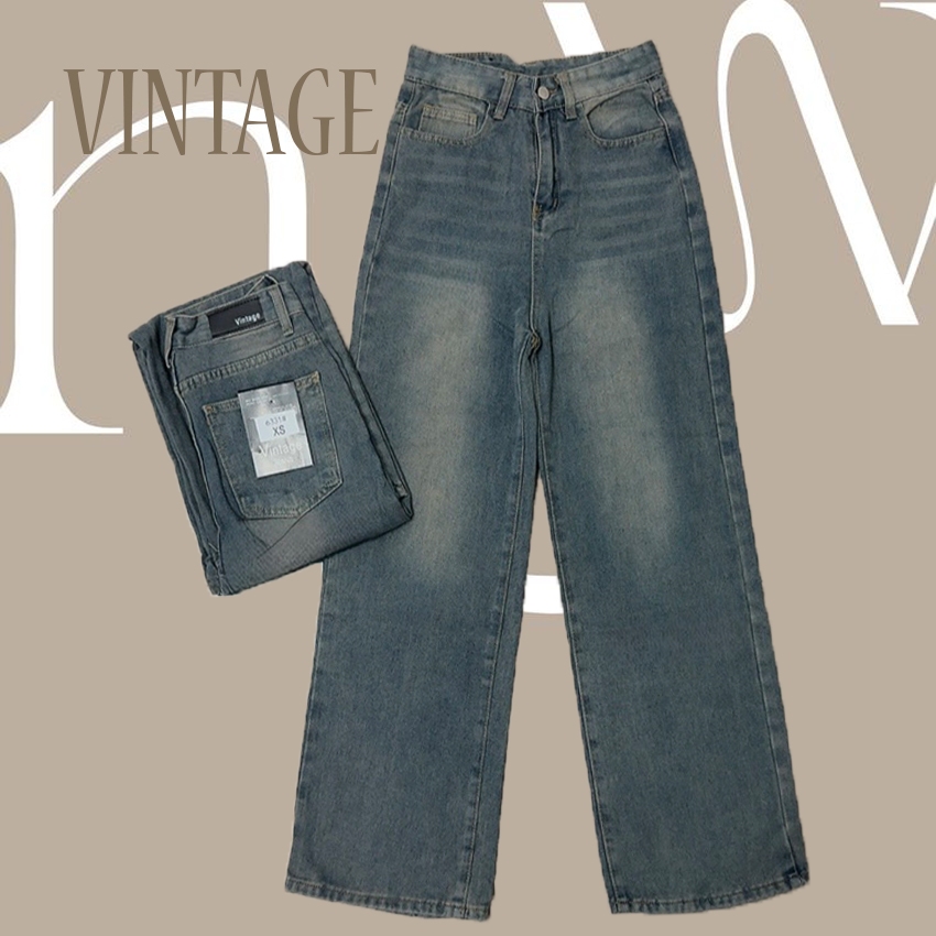 Vintage รุ่น 6331 กางเกงยีนส์ ทรงกระบอก แต่งเฟดขา ทรงสวยผ้าไม่ยืด