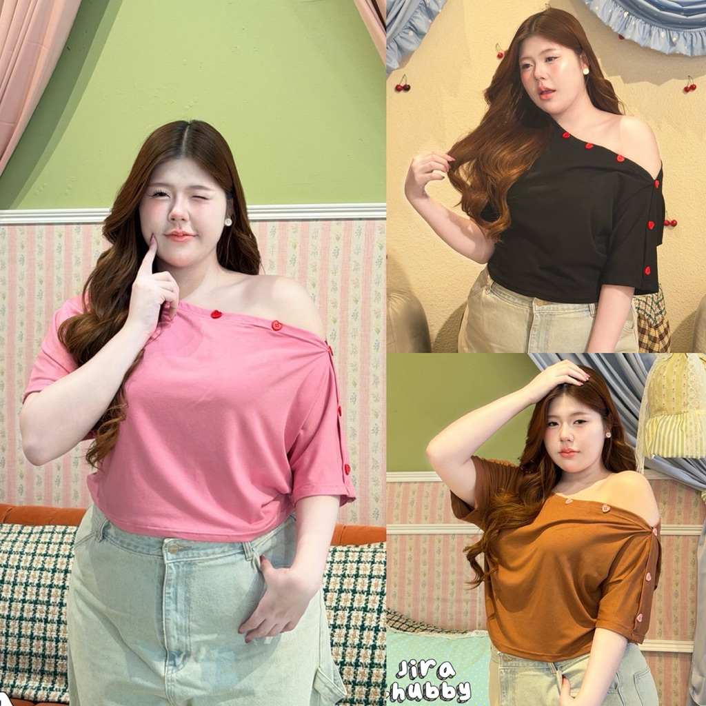 /JR/ เสื้อหัวใจปาดไหล่ ไซส์อก38-52+ ดีเทลปาดไหล่หนึ่งข้าง แต่งกระดุมหัวใจ ผ้ายืดใส่สบาย น่ารักมาก
