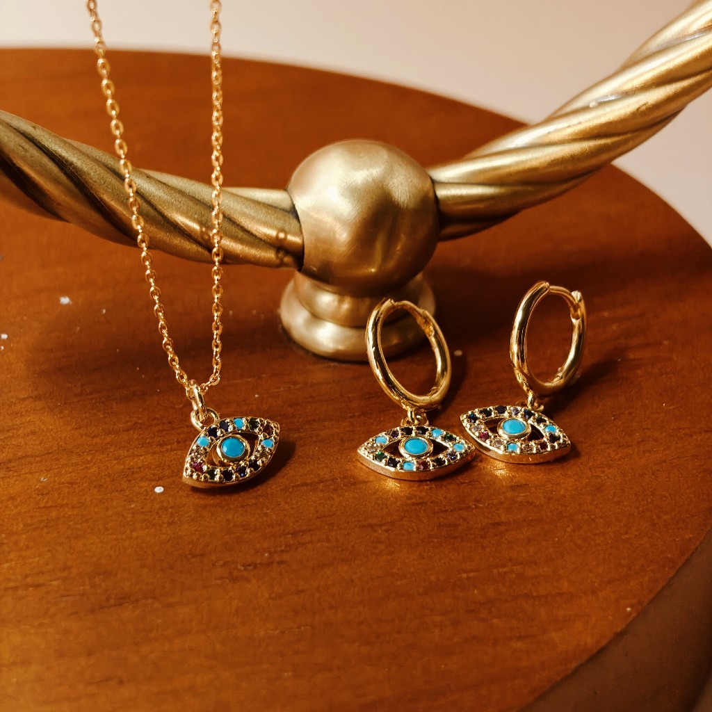 Vachana - Nine Lucky Gems Evil Eyes Earrings & Necklace Set (เซทต่างหูและสร้อยนพเก้าดวงตาปีศาจสีทอง)