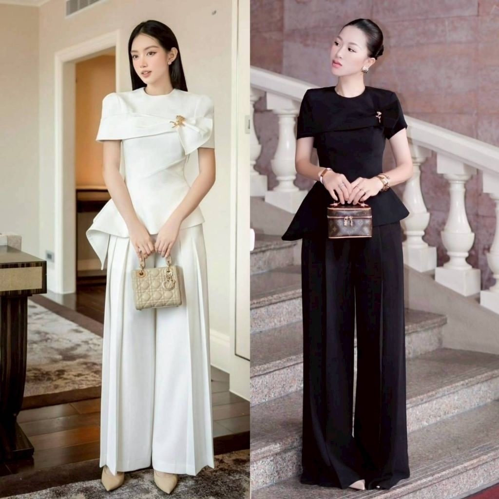 La la belle set เสื้อคอกลมแขนสั้นด้านหน้ามีผ้าจับจีบคาดด้านหน้าและติดเข็มกลัดดอกกุหลาบสีทอง มาพร้อมกางเกงขายาวบาน