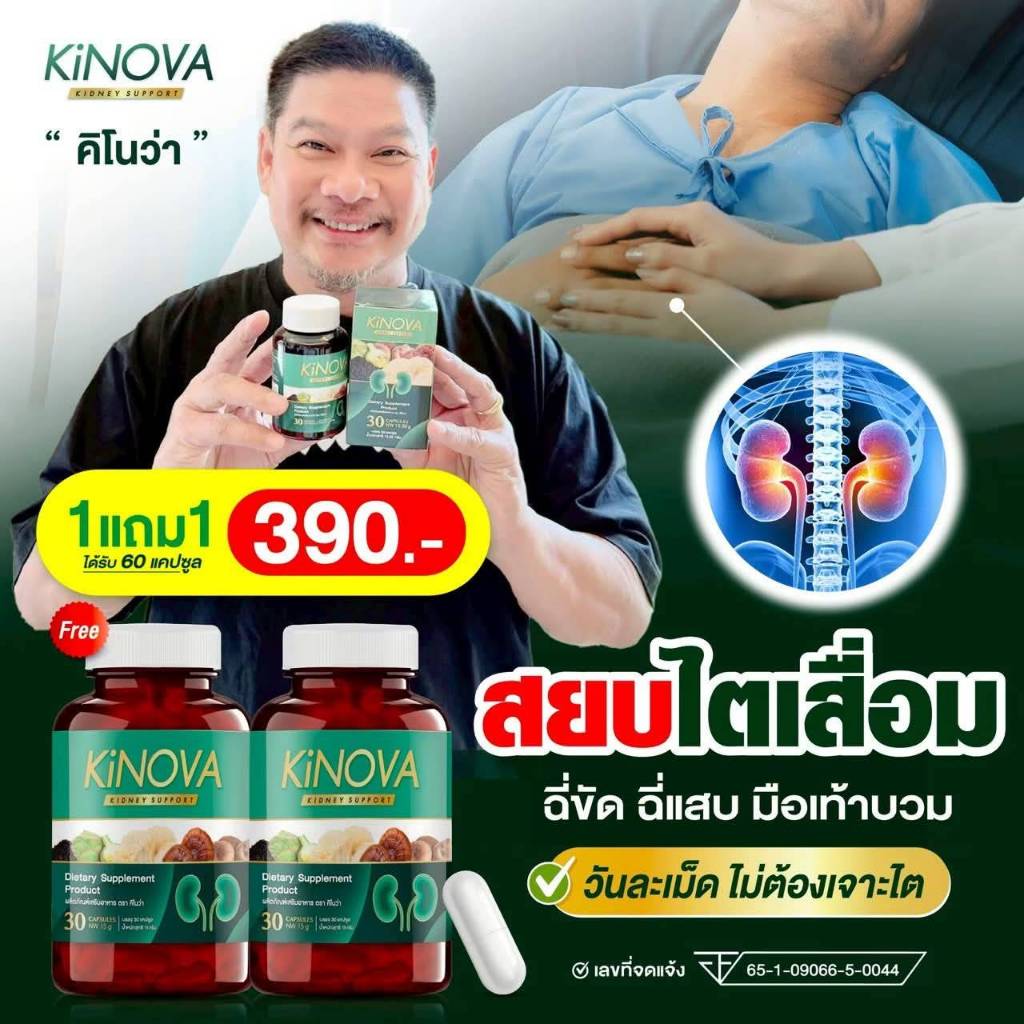 โปร 1 แถม 1 กระปุก KINOVA คิโนว่า วิตามินบำรุงไต รวม 60 แคปซูล ของแท้!