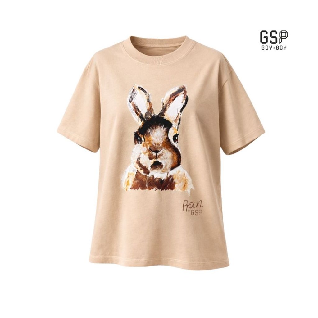 GSP BOY BOY Nini The Rabbit Oversize Crop T-Shirt เสื้อยืดโอเวอร์ไซซ์ครอป ลายกระต่ายนีนี สีเบจ DC11BE
