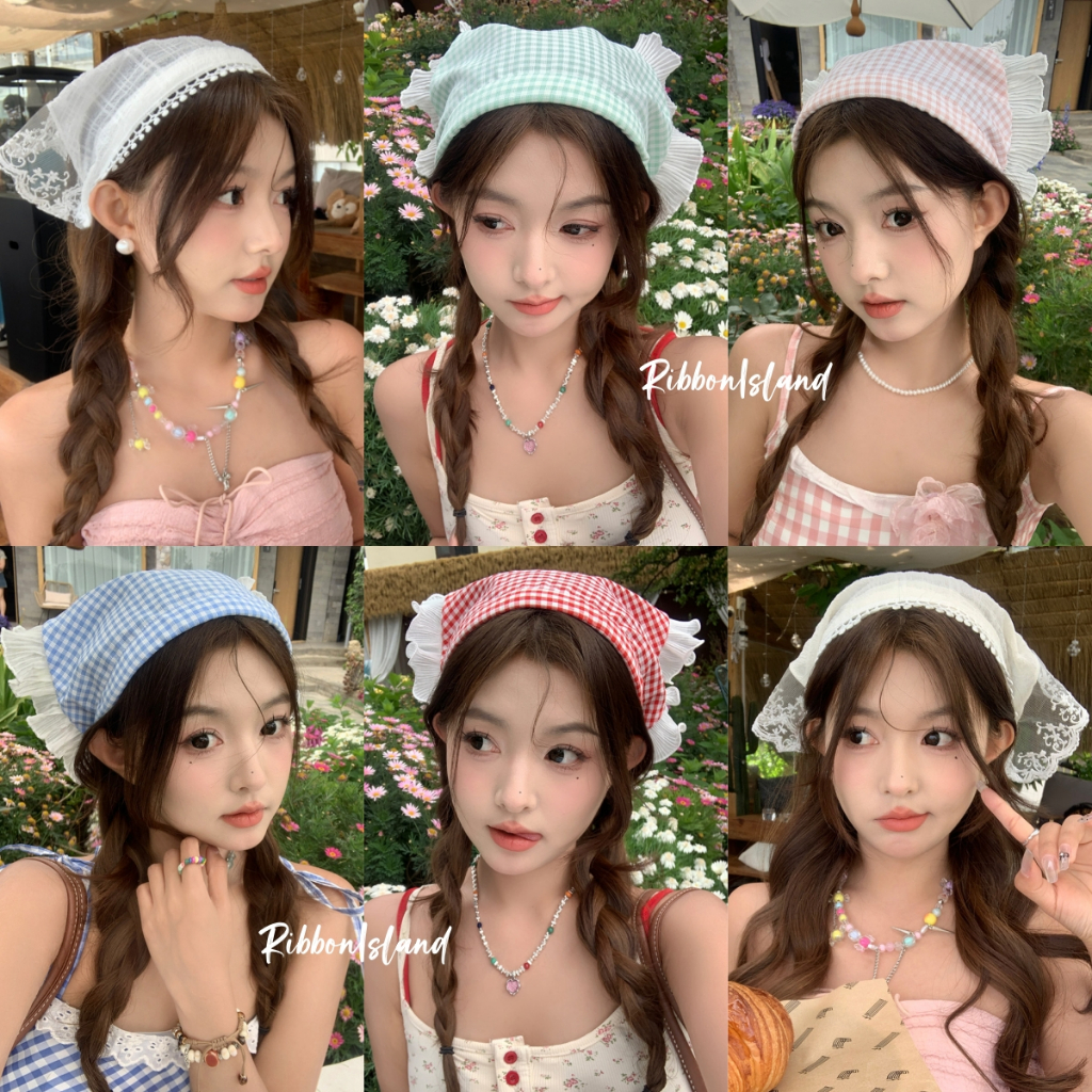 ผ้าคลุมศีรษะ hairband ลายสก็อต ขอบลูกไม้ สไตล์เกาหลี น่ารัก หรูหรา ins แฟชั่น ถักเปีย เทศกาลสาดน้ำ ผูกโบว์ พร้อมส่ง