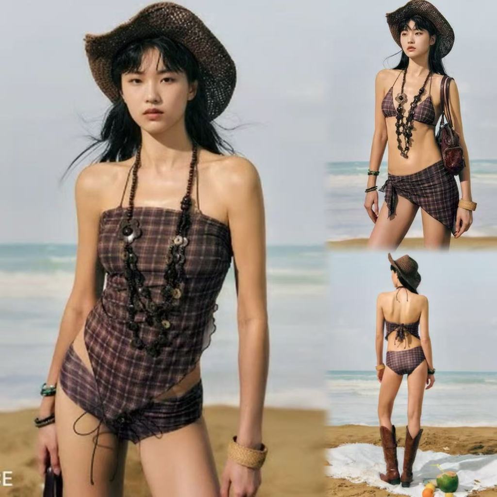 🌸Beach Bikini🌸ชุดว่ายน้ำผู้หญิง ชุดบิกินี่ 3 ชิ้น ลายตารางหมากรุก สไตล์น่ารัก รุ่นใหม่ summer