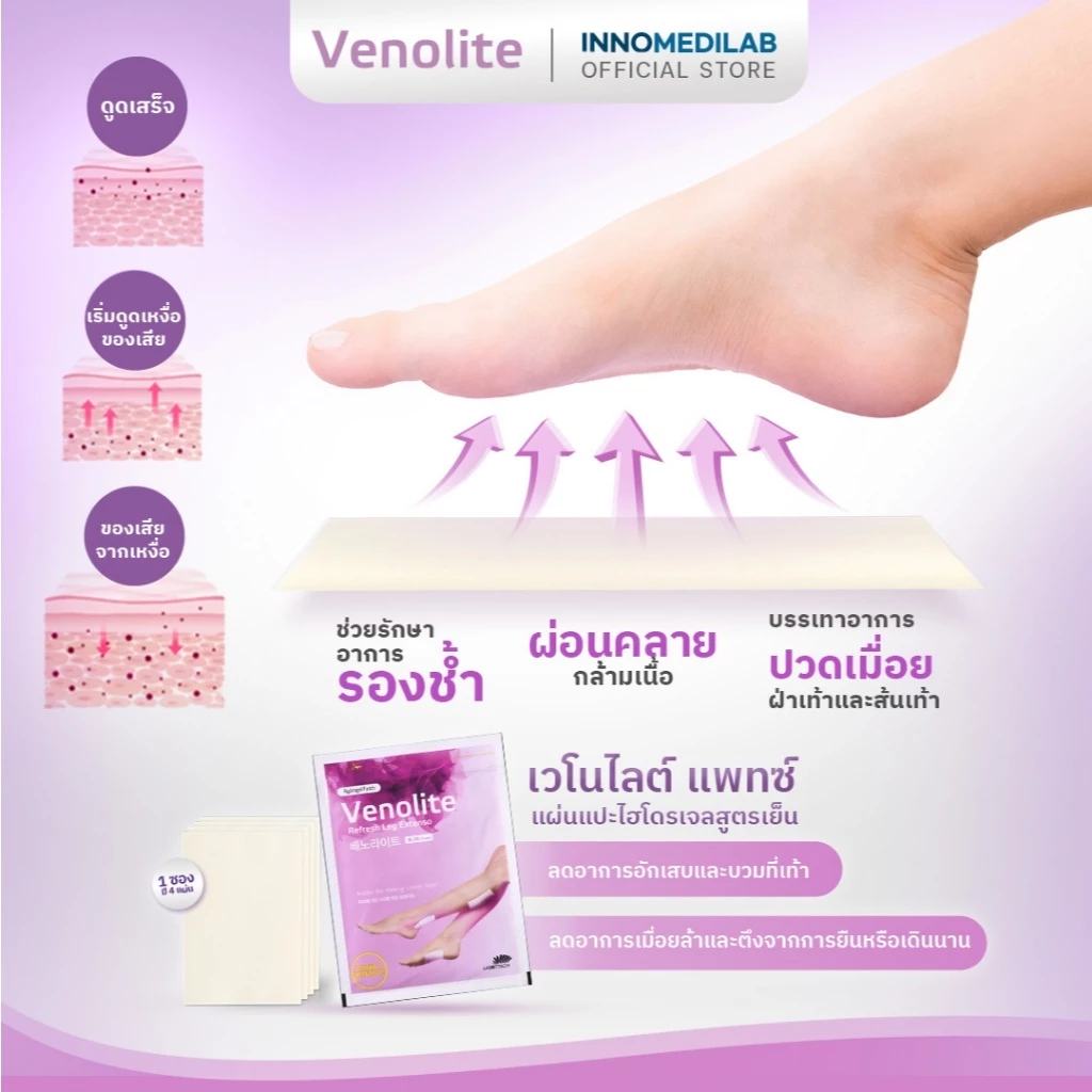 [ 1 ซอง] VENOLITE PATCH เวโนไลต์ แผ่นแปะรองช้ำ แบบซอง แผ่นแปะแก้ปวด เส้นเลือดขอด ลดน่อง ขาบวม ( 1 ซอง บรรจุ 2 แผ่น )