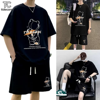 TideCore COD ชุดลำลองแขนสั้น+กางเกงขาสั้นผู้ชาย สไตล์สตรีทใส่สบาย หลวม ผ้าวาฟเฟิล เอวยางยืด #songkran#