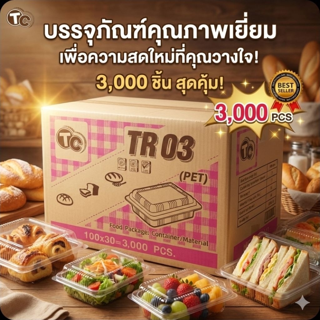 📦TR-03 กล่องพลาสติกใส PET 100 ชิ้น.×30 แพค./3,000 ชิ้น.(ยกลัง).📦