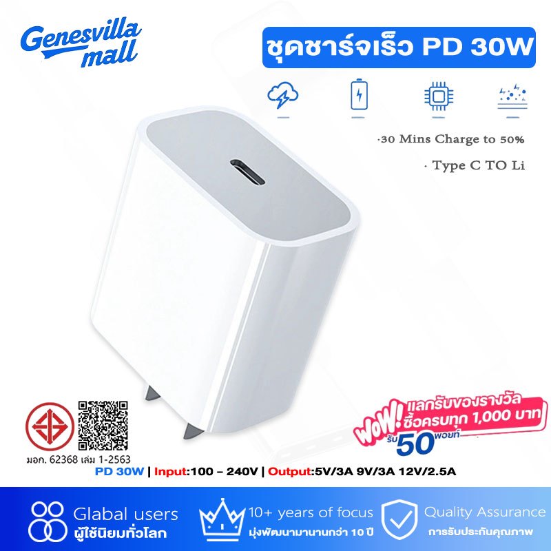 การรับประกัน 1 ปี สายชาร์จ ชาร์จไว PD 30W 45W สายชาต Type c หัวชาร์จ รองรับ ซีรีส์ทั้งหมด 【รองรับ i5～17Pro Max】