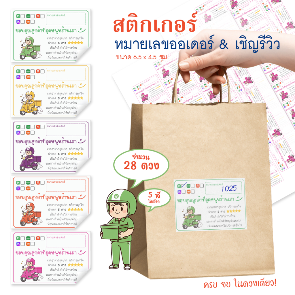 [พร้อมส่ง] สติกเกอร์หมายเลขออเดอร์อาหาร Food Delivery พร้อมเชิญชวนรีวิว มี 5 สีให้เลือก สี่เหลี่ยมผืนผ้า 28 ดวง/ชุด