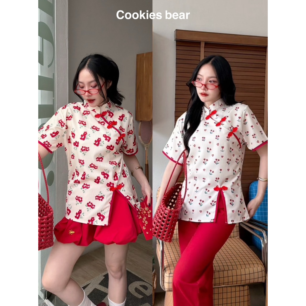 พร้อมส่ง📍เสื้อกี่เพ้า เสื้อจีน เสื้อตรุษจีน เสื้อตัวยาวงานคอจีน ผ้าลายดอก แต่งขอบแดงกระดุมจีน