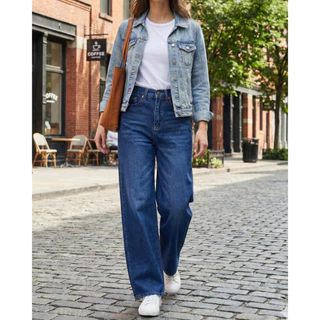 Live's Jorrom Jeans กางเกงยีนส์ ผู้หญิง เอวสูง ทรงกระบอกใหญ่ ผ้าไม่ยืด สีน้ำเงิน (SN:LJ1001/2)