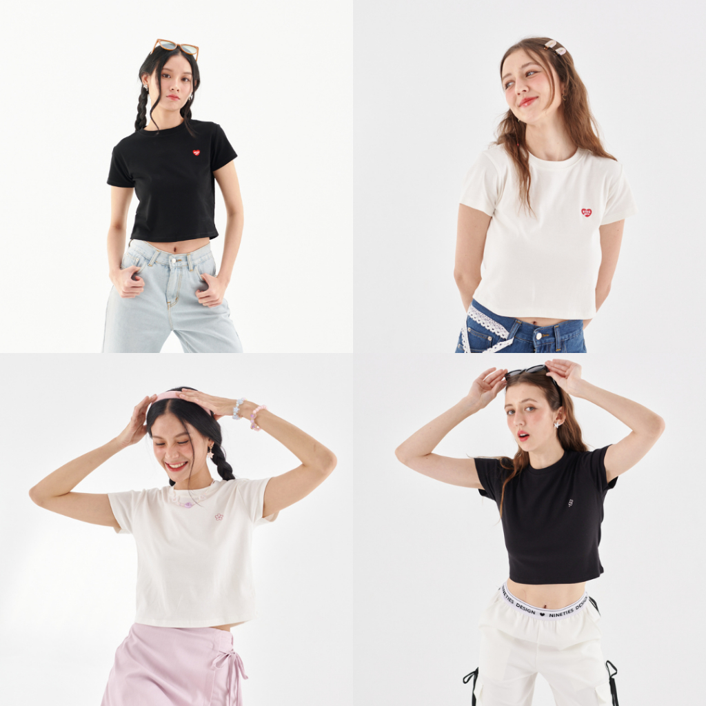 Best Seller  Nineties Design ✦ รวมเสื้อครอปเบสิก และ Oversize ที่ต้องมีติดตู้ Basic Tee เสื้อครอป Cotton100%