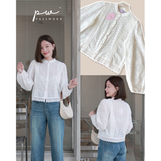 [ส่งเร็ว] Password 6153 เสื้อเชิ้ตผ้าคอตตอนปักฉลุลายดอกไม้