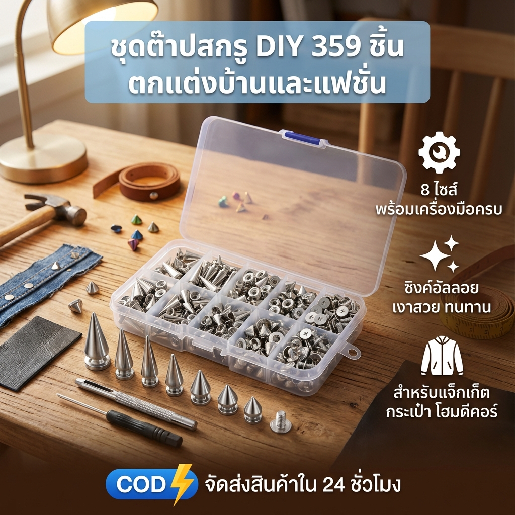359 ชิ้น ชุดหมุดตกแต่งเสื้อผ้า Spike Stud โลหะผสมสังกะสี 8 ขนาด อุปกรณ์ DIY งานหนัง เสื้อแจ็คเก็ต