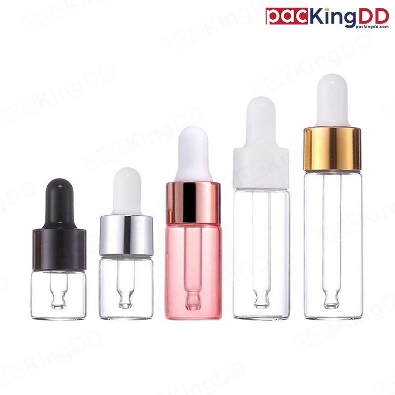 (แพ็ค 10 ชิ้น) ขวดแก้ว สีใส 2-20 ml. หัวบีบสีทอง ขาว ชมพู ขวดด   #P383 #P397 ขวดเซรั่มขวดเปล่า PackingDD