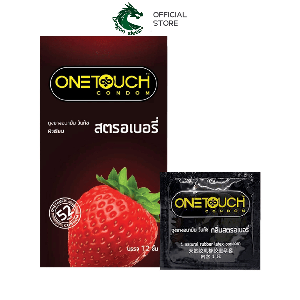 Onetouch ถุงยางอนามัย กลิ่นสตรอว์เบอร์รี เนื้อถุงยางสีชมพู ชนิดเรียบ บาง น้ำมันซิลิโคน ไซส์ 52 มม.