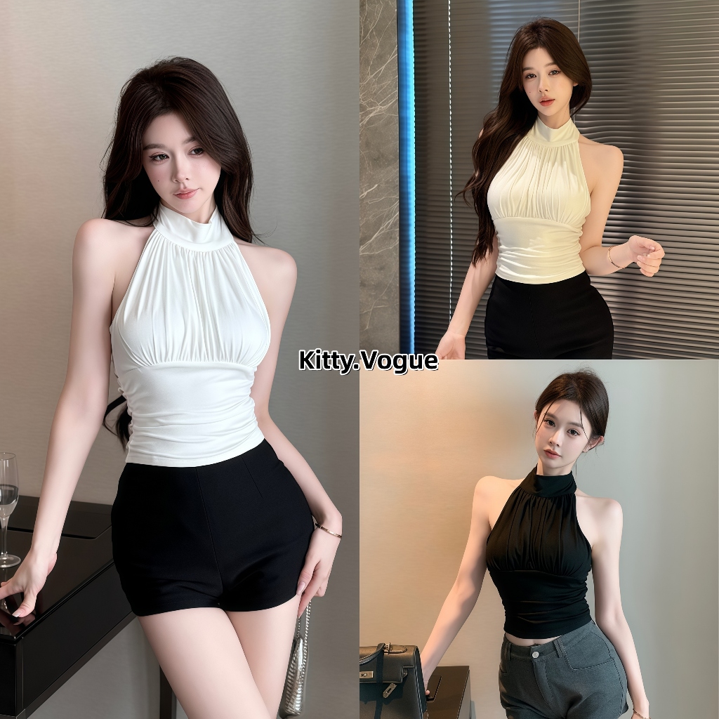 Kitty.Vogue เสื้อสายเดี่ยวผู้หญิง แบบคล้องคอ ดีไซน์เรียบง่าย สั้นเข้ารูปร่าง เซ็กซี่ทันสมัย FY992-0