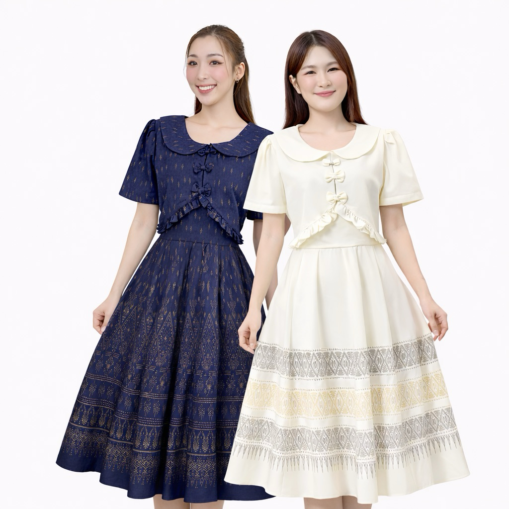 ชุด2in1 มีซิปหลังและสม็อคหลัง แต่งโบว์และระบายที่ช่วงเสื้อ เดรส Dress ผ้าไทย ชุดผ้าไทย เสื้อผ้าผู้หญิง เสื้อผ้าแฟชั่น
