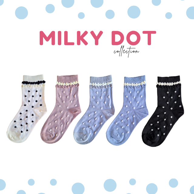 💙⚪ ถุงเท้าข้อกลางจุดมีระบาย คอลเลคชั่น "Milky Dot" ⚪💙